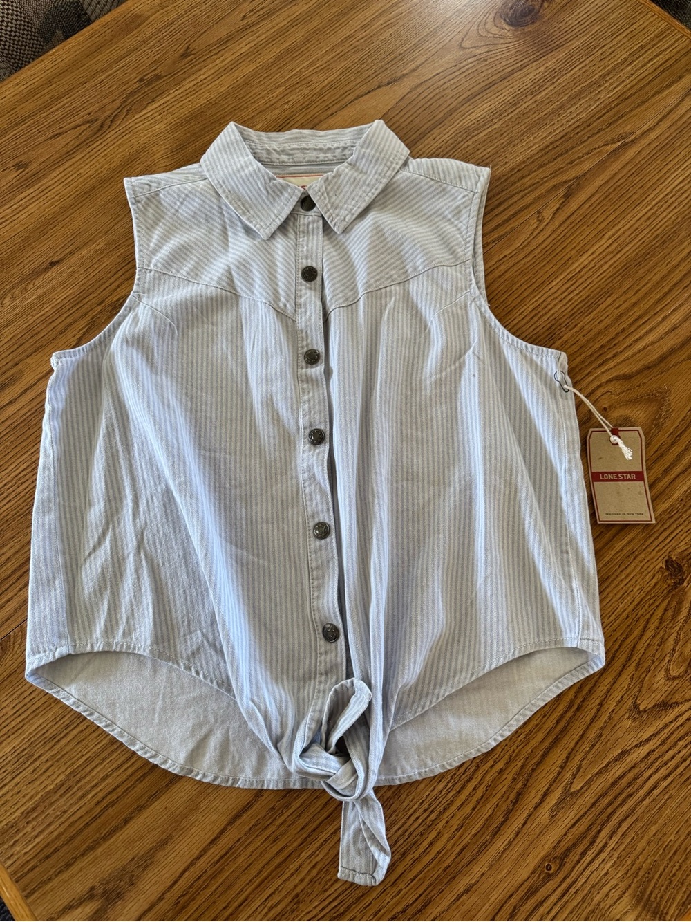 NWT Lone Star Brand blue-and-white striped sleeveless denim shirt tied hem snaps
